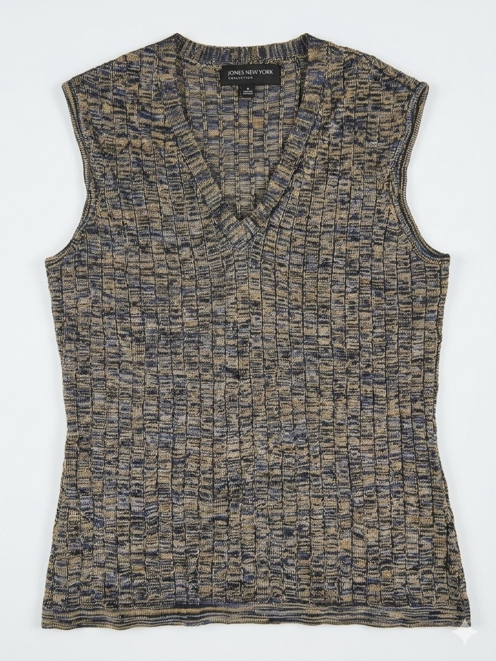 Jones New York Sleeveless V-Neck Knit Top in Tan and Navy
